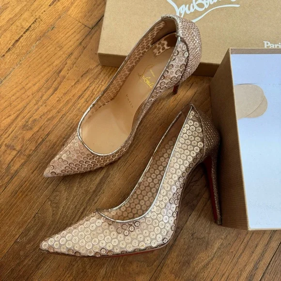 Christian Louboutin Lace 554 100 Cabaret Sequin Embellishments Pump Gold Nude 39